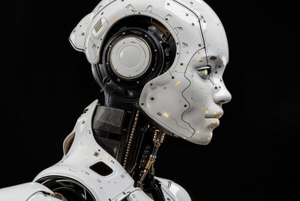 A white humanoid robot standing against a black background, representing pre-IPO robotics valuations traded as perpetual futures