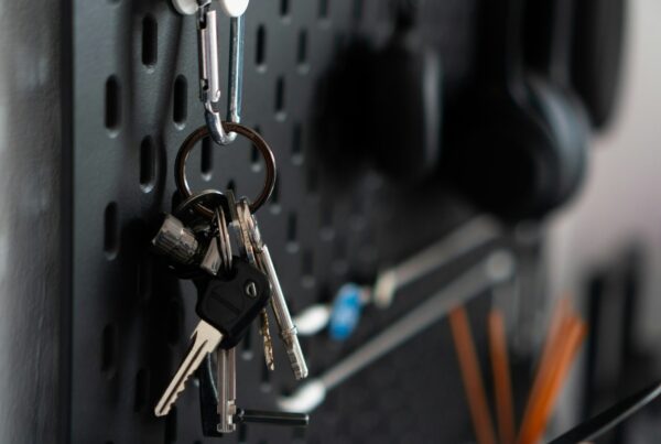 A bunch of keys left hanging on a hook on a dark pegboard wall, nobody in frame
