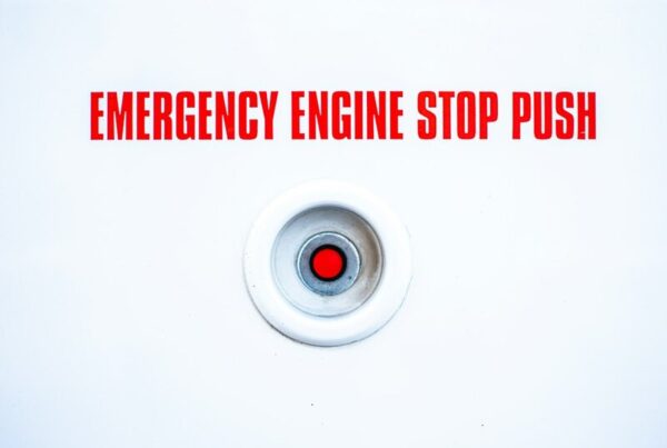 A red and white emergency engine stop push button on a white panel